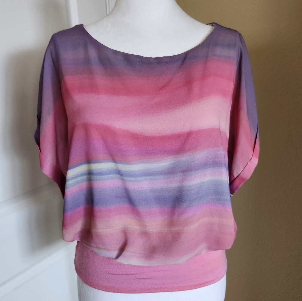 Joseph A. Blouse Sunset Rainbow Rolled,  Cuffed Sleeves, Size Medium